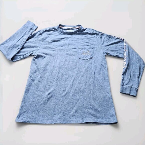 Vineyard Vines T Shirt Mens M Blue Pink Whale Print LS Preppy Pocket 1V0923 FLAW - Picture 1 of 14